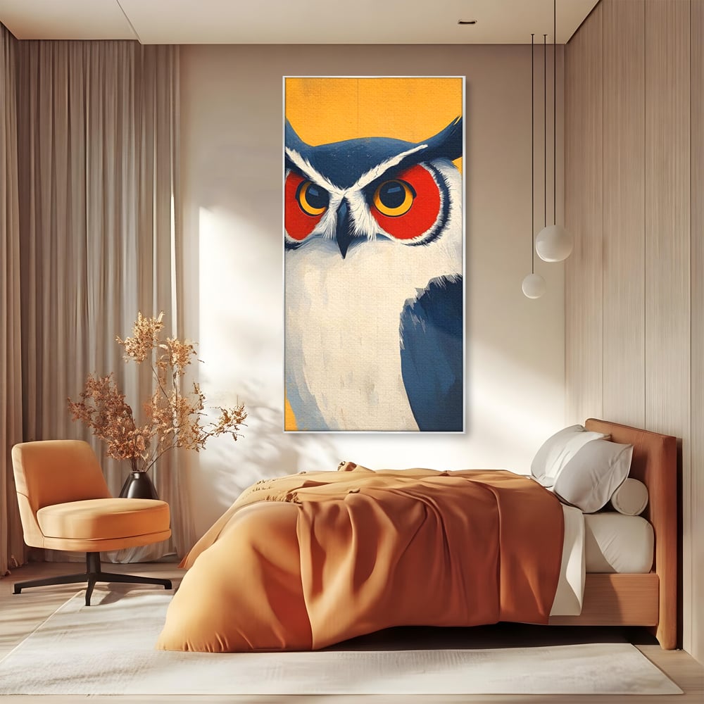 Tablou canvas cu tablou canvas cu bufnita stilizata, in rama de aluminiu argintiu, pe perete intr-un dormitor